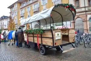foto di un carro trainato da cavalli con addobbi natalizi