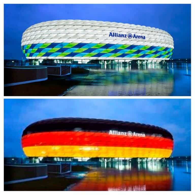 10 Curiosità sullo stadio Allianz Arena copertura esterna con i colori della Germania e a fantasia