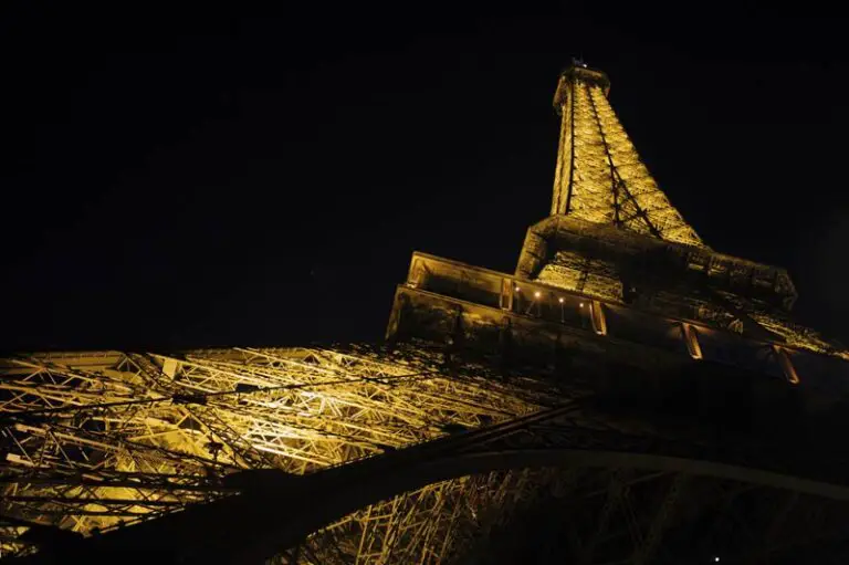 Prospettiva dal basso della Torre eiffel di notte illuminata